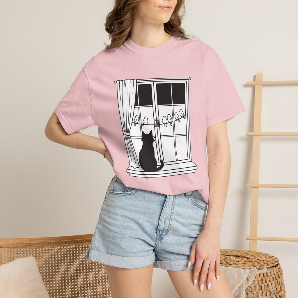 Cat Window Shirt Cat Animals Gift Women Simple Tee Perch T-Shirt Cat Fan Minimalist Tshirt Wildlife Graphic Outline Birds Tshirt