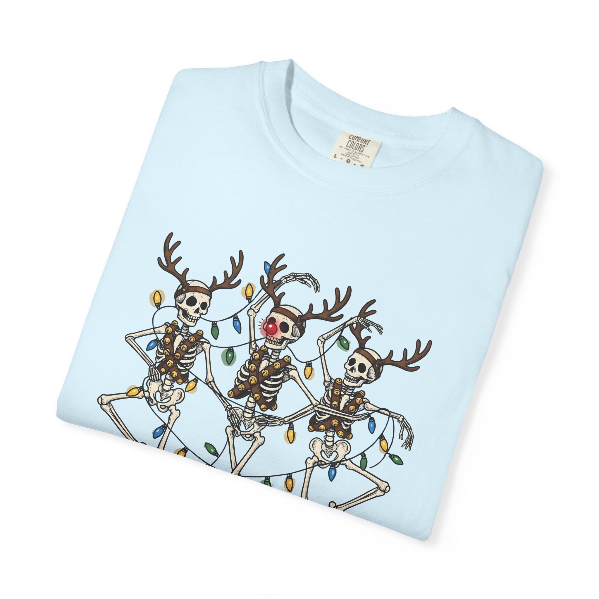 Skull Deer Shirt Christmas Satire Gift Women Animated Tee Antler T-Shirt Xmas Fan Cartoon Tshirt Parody Graphic Sketch Festive Lights Tshirt