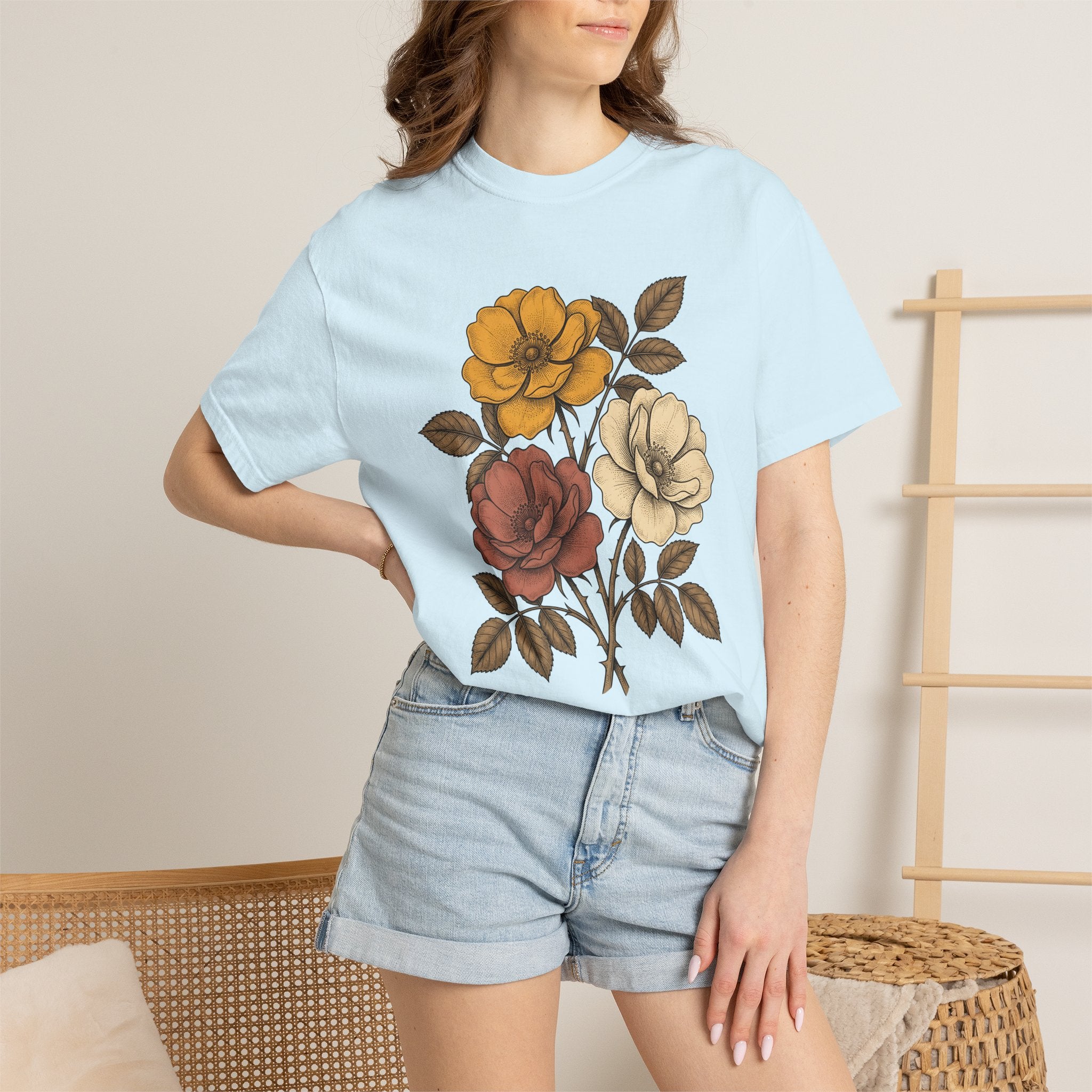 Antique Floral Arrangement Shirt Boho Chic Plants Gift Women Line Art Tee Floral Arrangement T-Shirt Bohemian Enthusiast Illustration Design