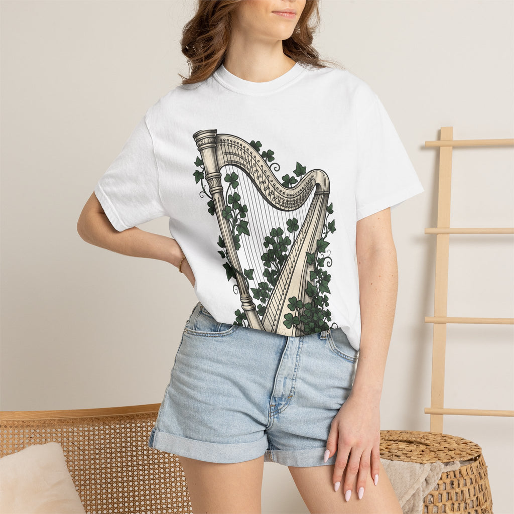 Harp Shamrock Shirt St Patrick's Day Emerald Isle Gift Women Hand Drawn Tee Shamrock T-Shirt St Patty's Fan Celtic Tshirt Ireland Graphic