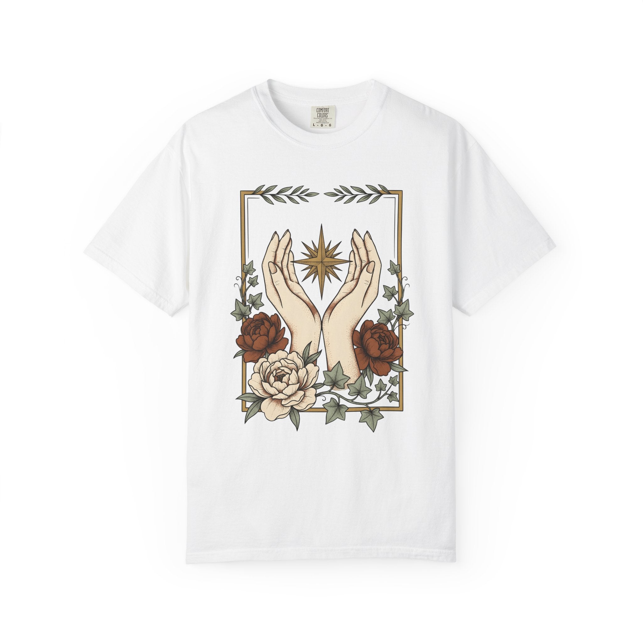 Hand Blossom Art Shirt Boho Chic Esoteric Gift Women Garden Tee Floral T-Shirt Bohemian Fan Floral Design Tshirt Antique Star Icon Tshirt
