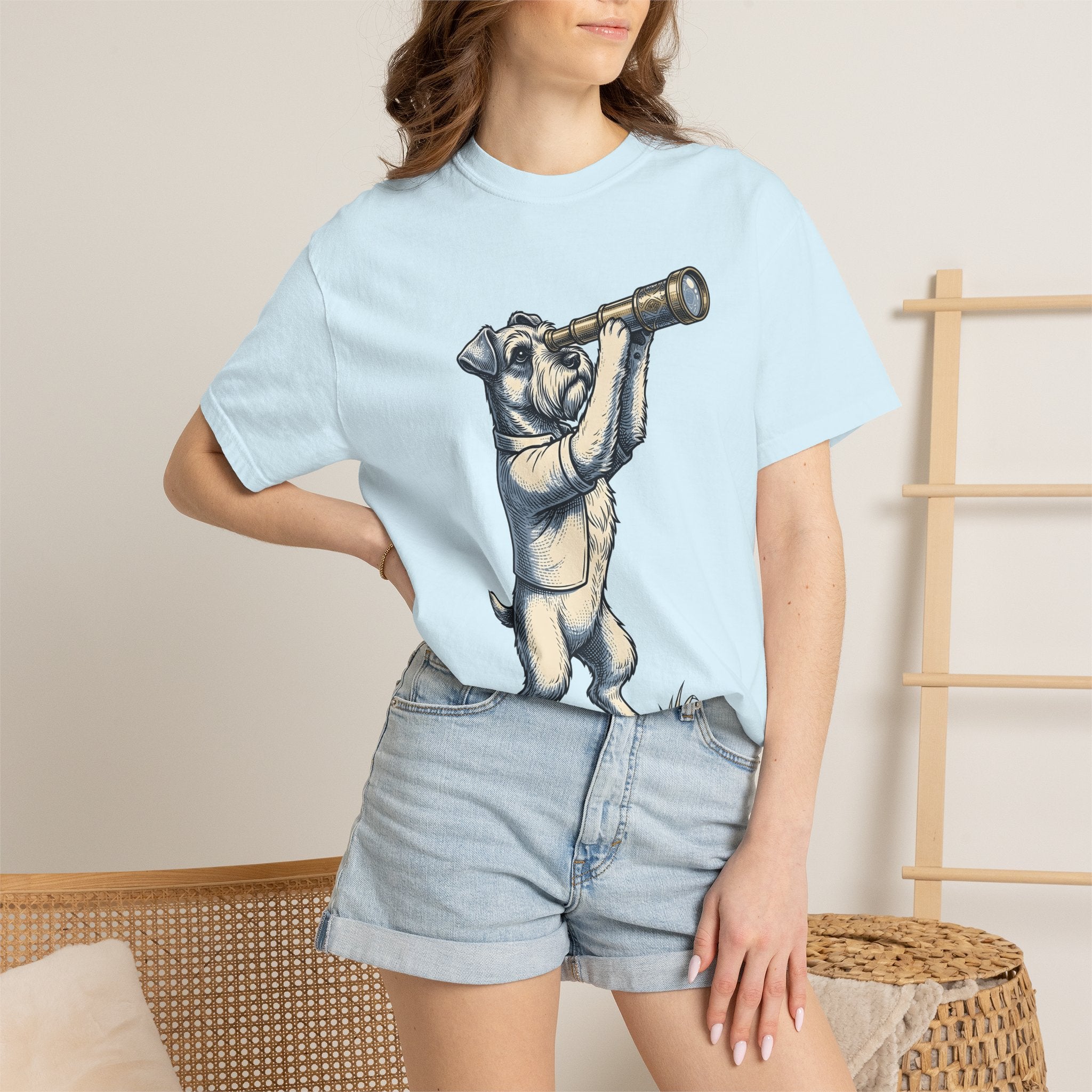 Terrier Puppy Shirt Dog Exploration Gift Women Retro Tee Puppy T-Shirt Dog Fan Vintage Tshirt Adventure Graphic Sketch Spyglass Tshirt