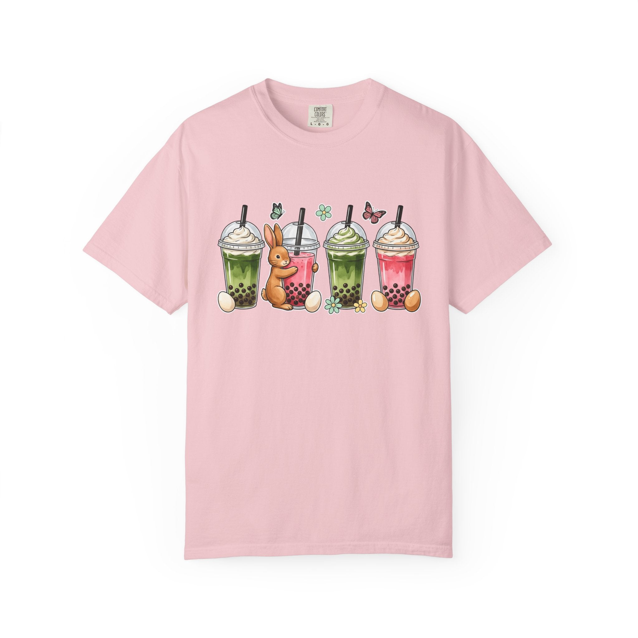 Bunny Boba Tea Shirt Easter Animal Gift Women Cute Tee Bubble Tea T-Shirt Easter Fan Cartoon Tshirt Creature Graphic Hand Drawn Easter Eggs