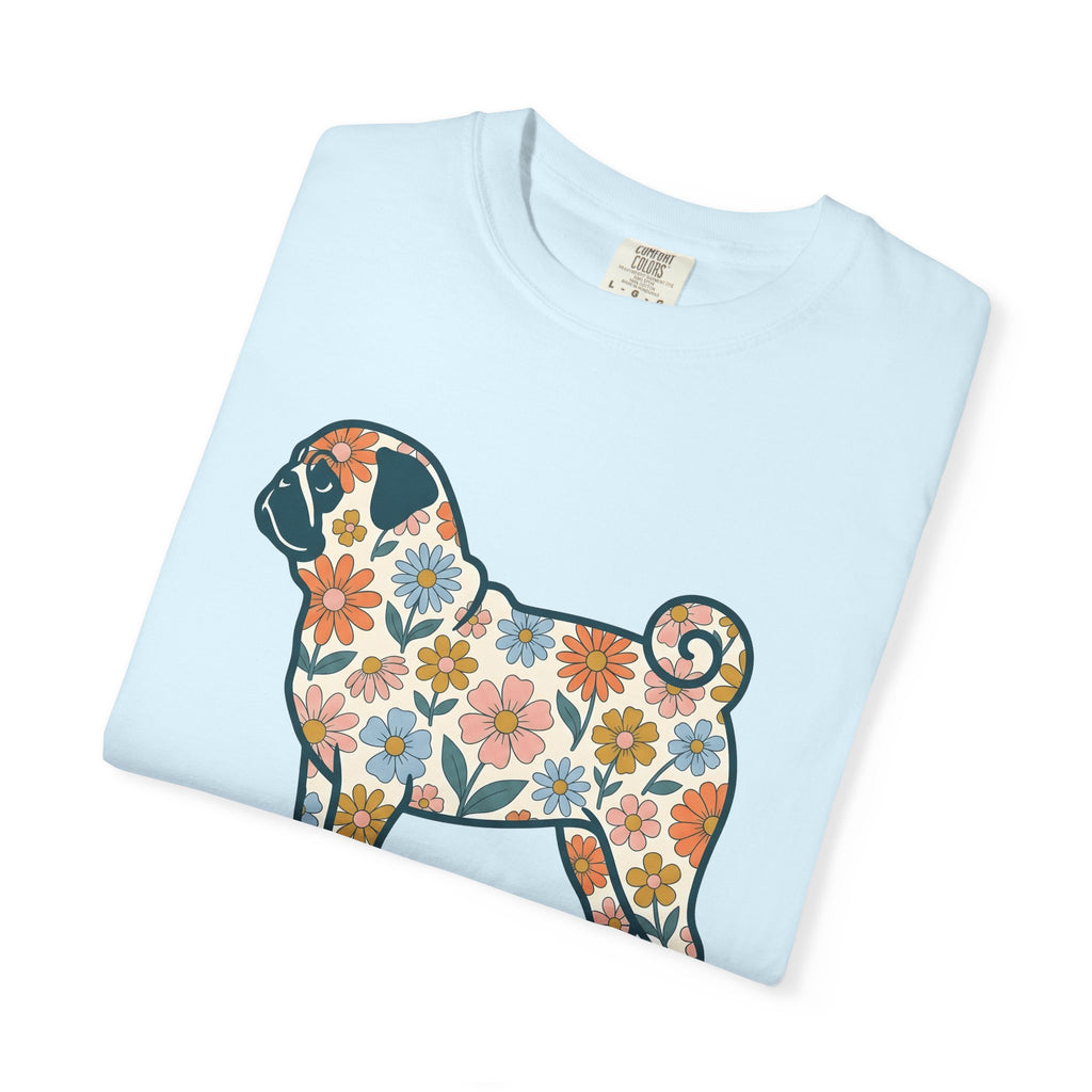 Pug Dog Shirt Dog Floral Gift Women Floral Graphic Tee Puggle T-Shirt Dog Fan Graphic Tshirt Botanical Illustration Retro Daisy Tshirt