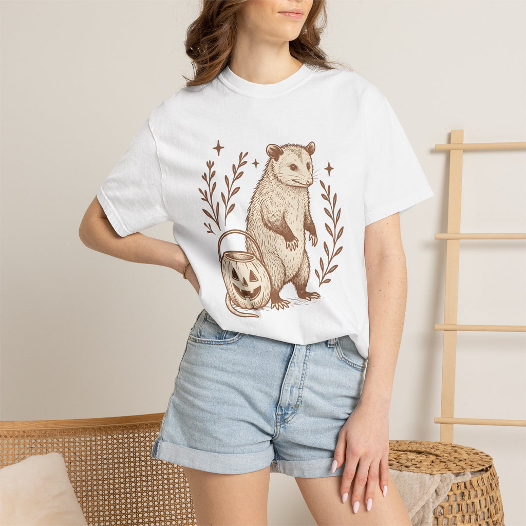 Opossum Pumpkin Shirt Halloween Wildlife Gift Women Sketch Tee Possum T-Shirt Horror Fan Drawing Graphic Tshirt Retro Star Shapes Tshirt