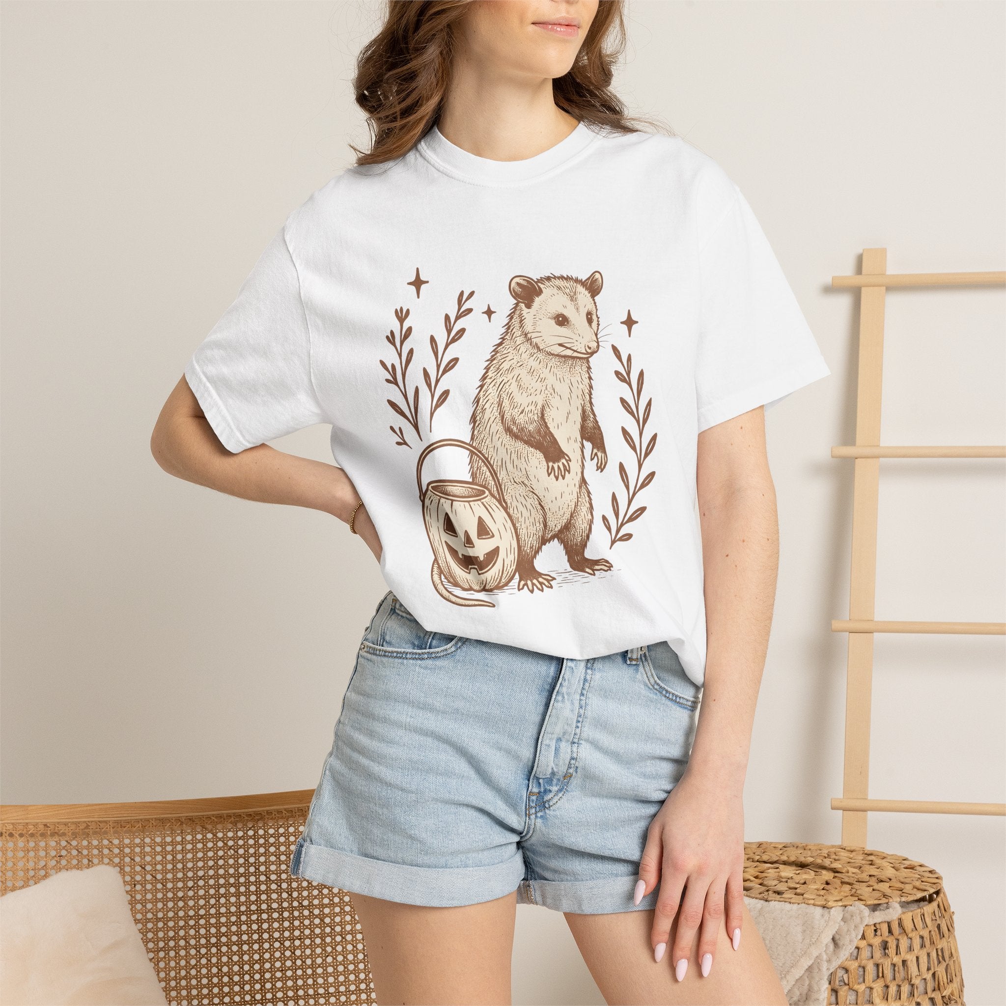 Opossum Pumpkin Shirt Halloween Wildlife Gift Women Sketch Tee Possum T-Shirt Horror Fan Drawing Graphic Tshirt Retro Star Shapes Tshirt