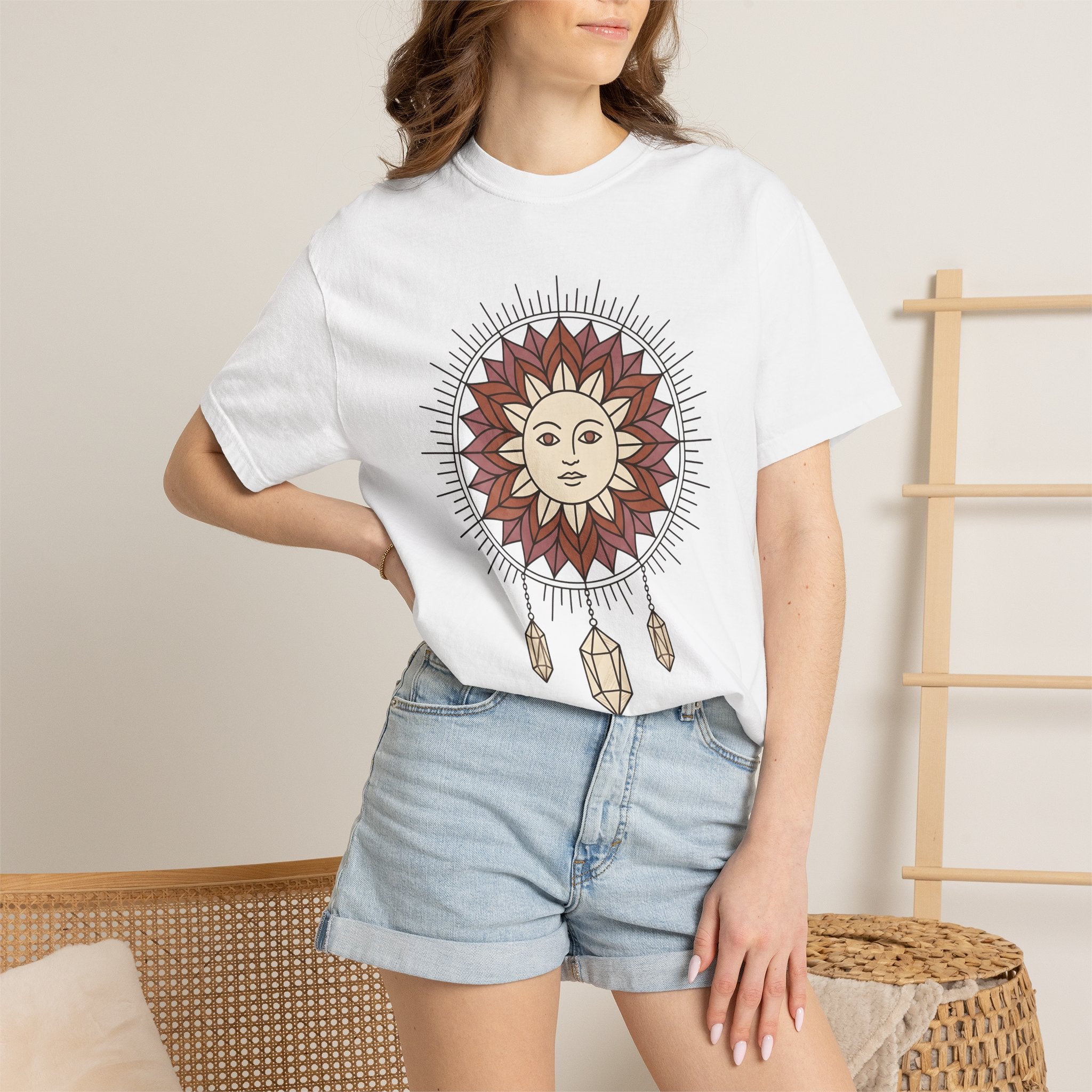 Sun Face Shirt Boho Chic Zodiac Gift Women Hand Drawn Tee Sun T-Shirt Hippie Fan Illustrated Tshirt Astrology Graphic Mandala Stones Tshirt