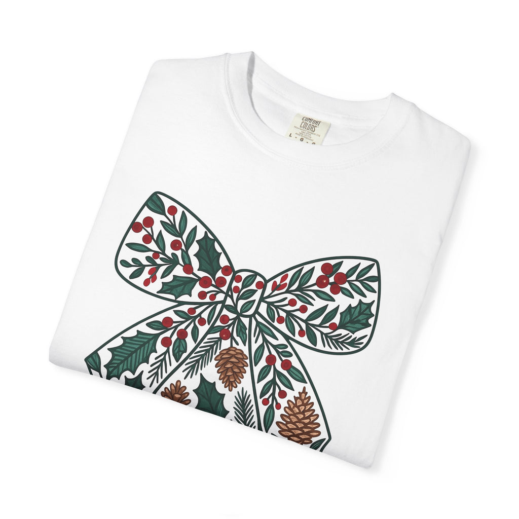 Christmas Bow Shirt Christmas Seasonal Gift Women Floral Tee Ribbon T-Shirt Xmas Fan Holiday Tshirt Winter Graphic Sketch Cone Tshirt