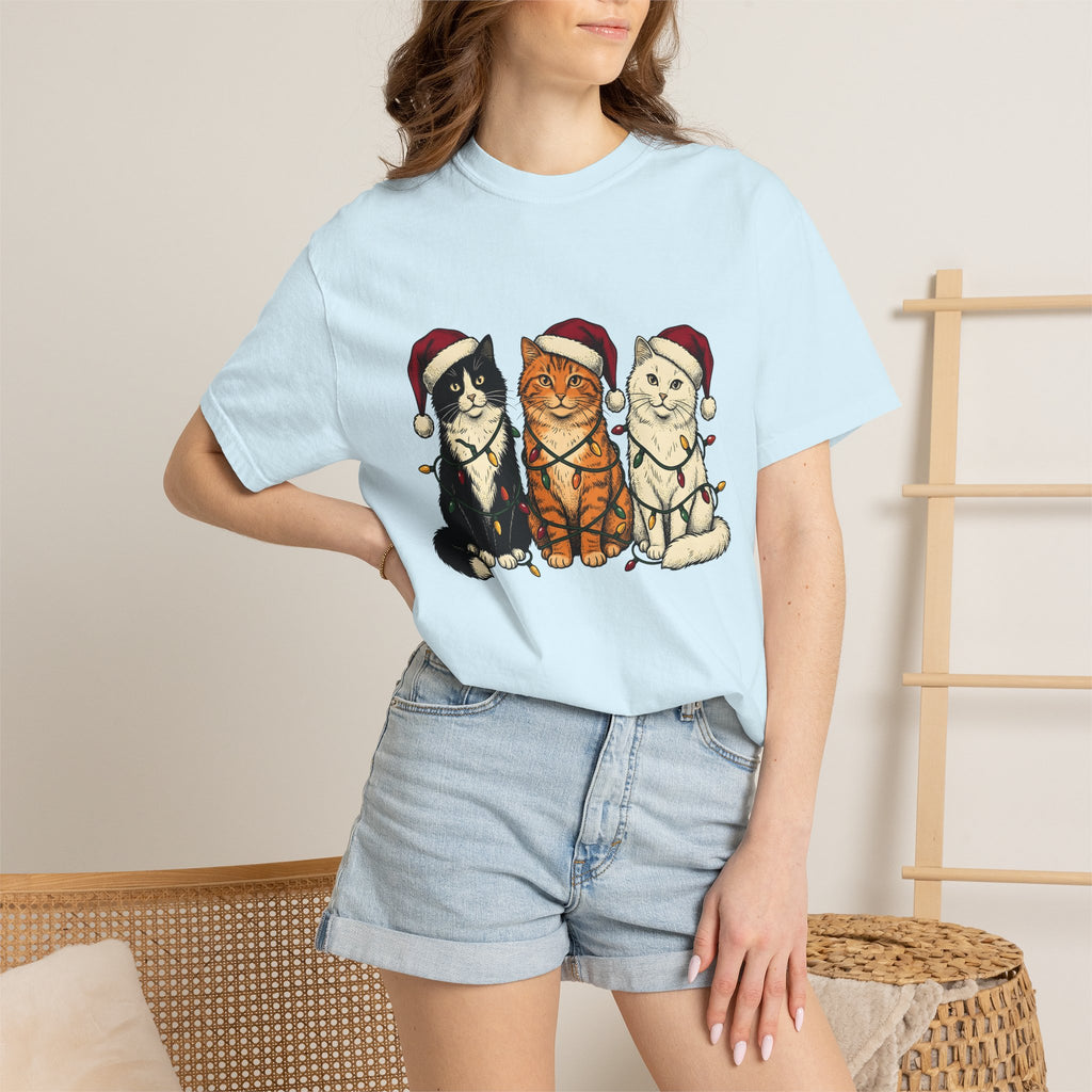Cat Group Shirt Christmas Animals Gift Women Sketch Tee Kittens T-Shirt Xmas Fan Feline Tshirt Creature Graphic Retro Holiday Lights Tshirt
