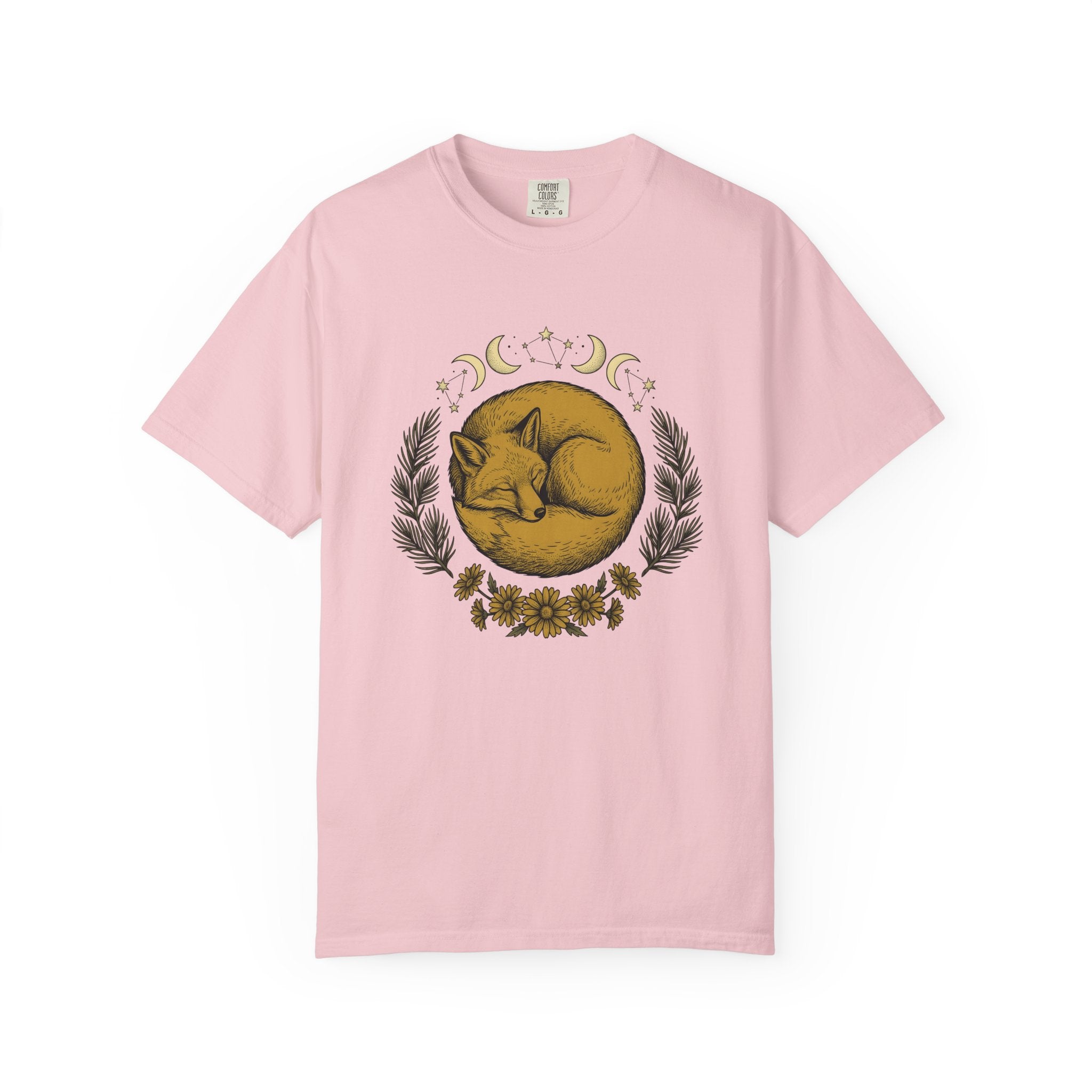 Curled Fox Shirt Boho Chic Outdoors Gift Women Tribal Tee Fox T-Shirt Bohemian Fan Primitive Tshirt Wilderness Graphic Line Art Moon Phases