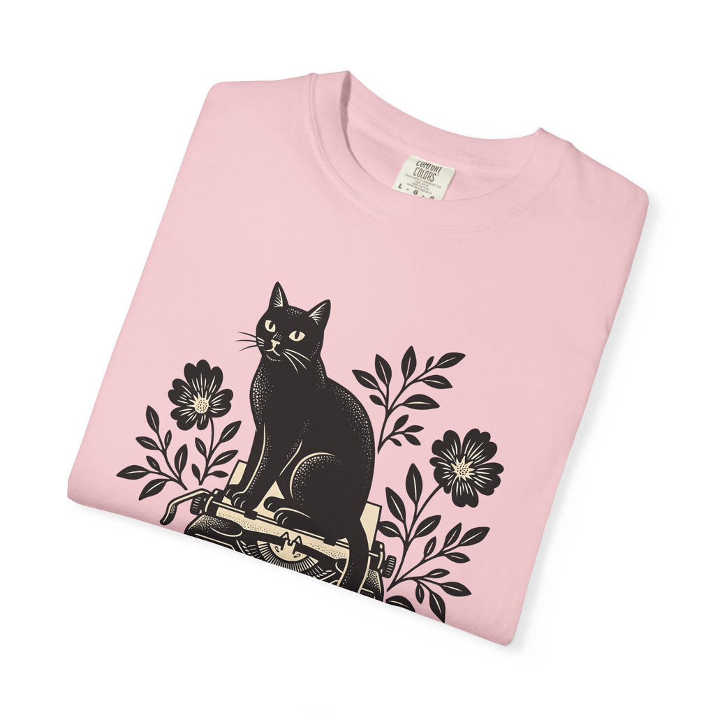 Black Cat Typewriter Shirt Cat Botanical Gift Women Hand Drawn Tee Cat T-Shirt Cat Fan Feline Tshirt Floral Graphic Line Art Flower Bouquet