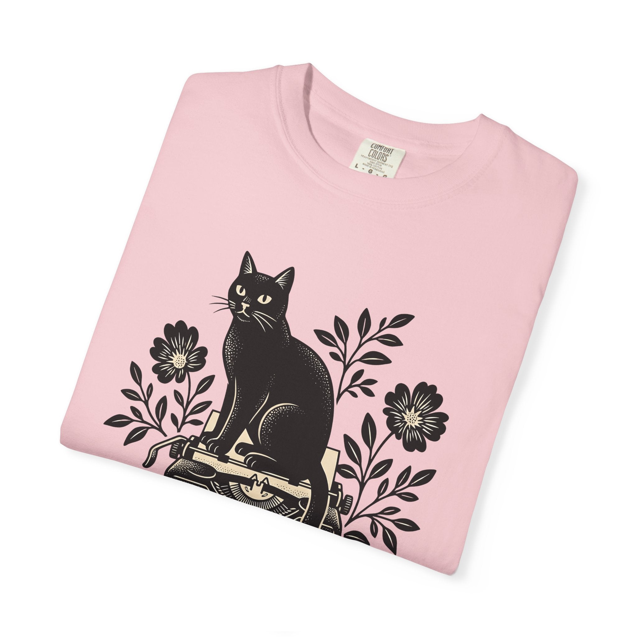 Black Cat Typewriter Shirt Cat Botanical Gift Women Hand Drawn Tee Cat T-Shirt Cat Fan Feline Tshirt Floral Graphic Line Art Flower Bouquet