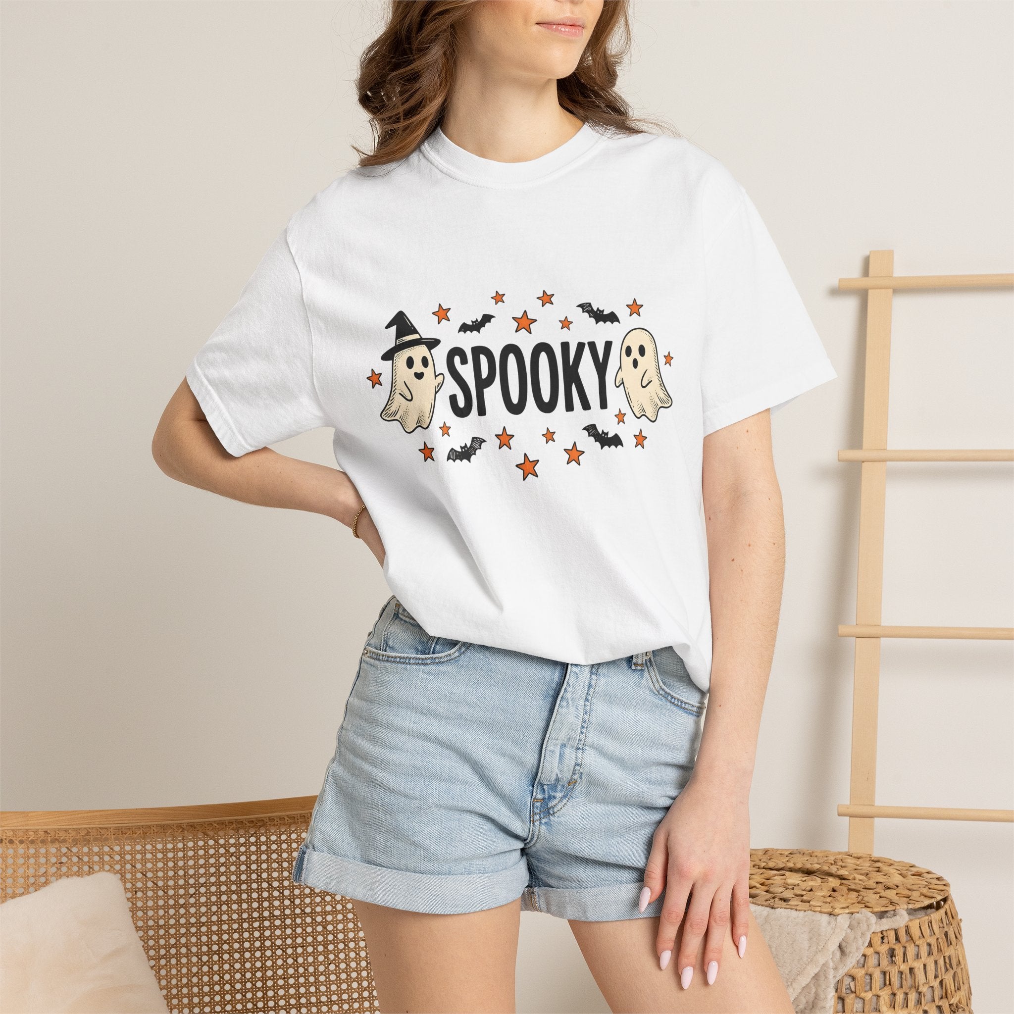 Ghost Clipart Shirt Halloween Horror Gift Women Sweet Tee Spirit T-Shirt Spooky Fan Ghostly Tshirt Horror Graphic Doodle Vampire Bat Tshirt