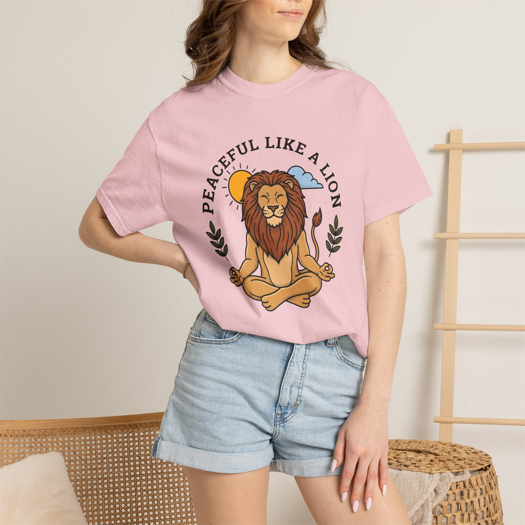 Peaceful Lion Shirt Yoga Wellness Gift Women Animated Tee Lion T-Shirt Yoga Enthusiast Cartoon Tshirt Healthy Graphic Clean Bright Sun