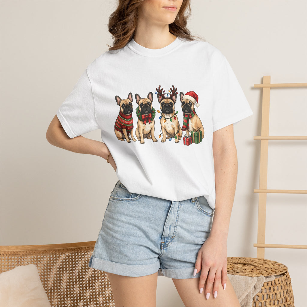 Frenchie Dog Shirt Dog Winter Gift Women Adorable Tee French Bulldog T-Shirt Dog Fan Puppy Tshirt Winter Design Sketch Holiday Presents