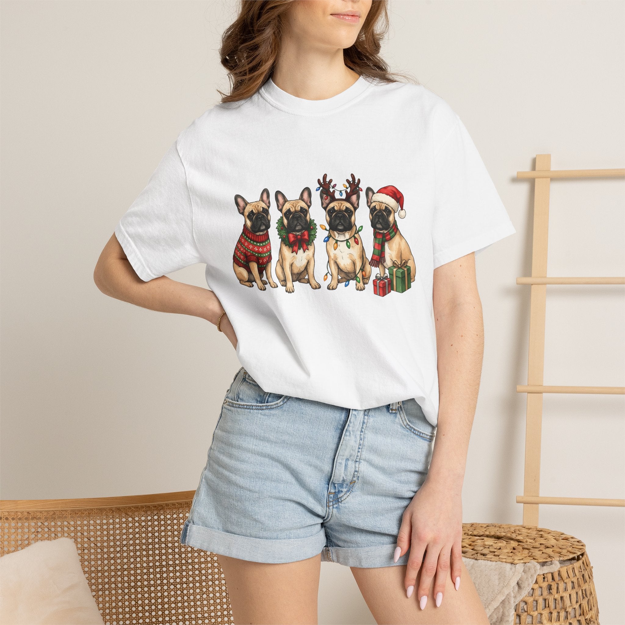 Frenchie Dog Shirt Dog Winter Gift Women Adorable Tee French Bulldog T-Shirt Dog Fan Puppy Tshirt Winter Design Sketch Holiday Presents