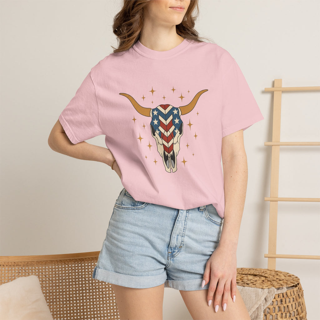 Longhorn Skull Shirt 4th Of July American Gift Women Tribal Tee Bull Skull T-Shirt Patriotic Fan Native Tshirt American Graphic Country