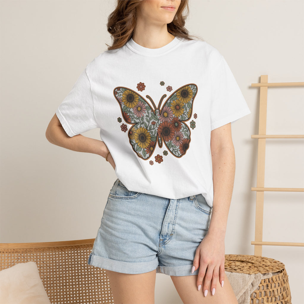 Butterfly Bloom Shirt Easter Garden Gift Women Tribal Tee Butterfly T-Shirt Spring Fan Ethnic Tshirt Yard Graphic Hand Drawn Marigold Tshirt
