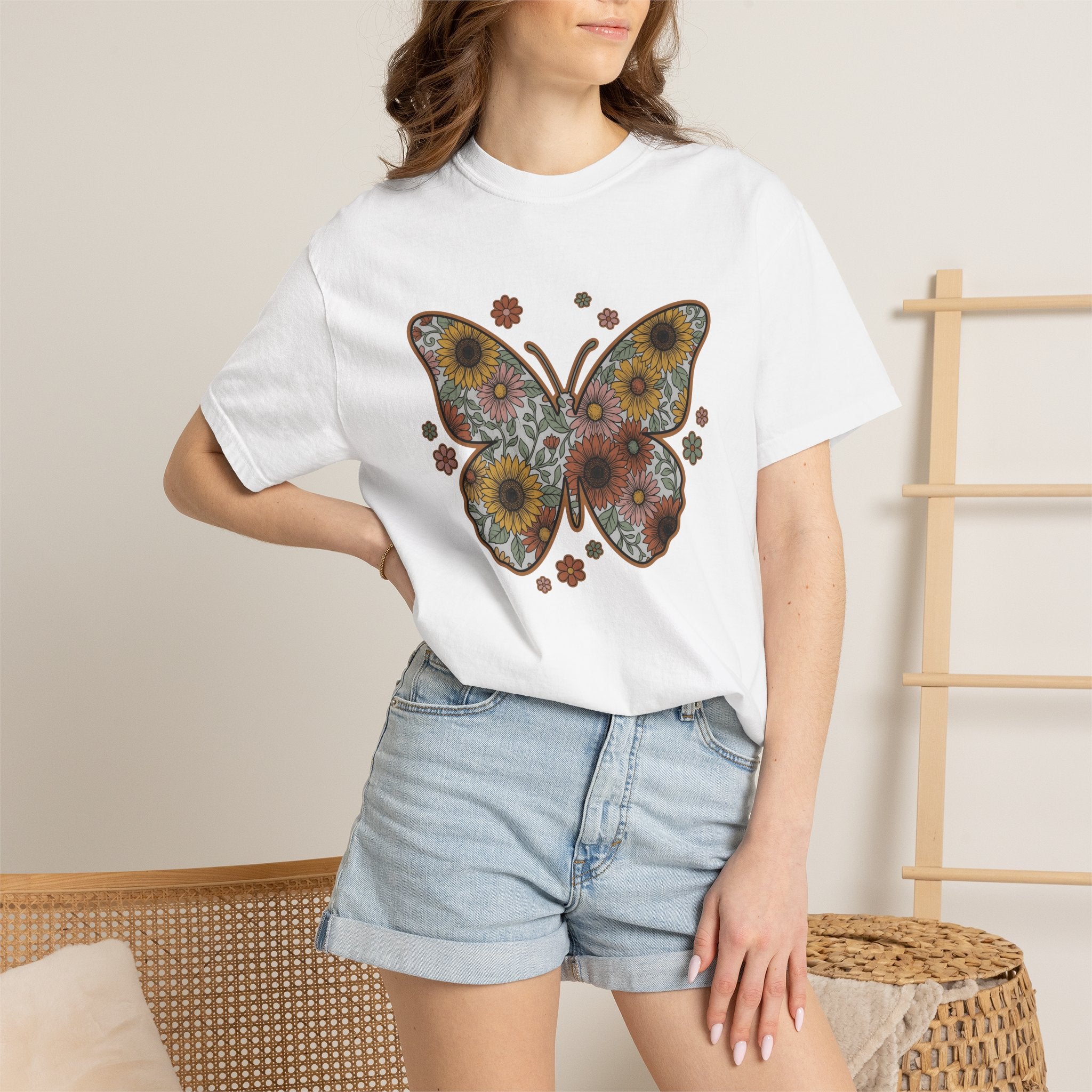 Butterfly Bloom Shirt Easter Garden Gift Women Tribal Tee Butterfly T-Shirt Spring Fan Ethnic Tshirt Yard Graphic Hand Drawn Marigold Tshirt