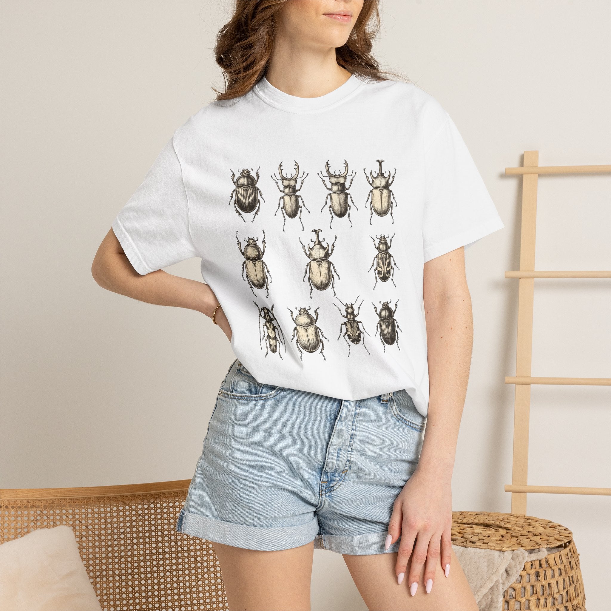 Beetle Art Shirt Cottagecore Plants Gift Women Sketch Tee Insect T-Shirt Cottage Fan Drawing Graphic Cartoon Beetle Tshirt