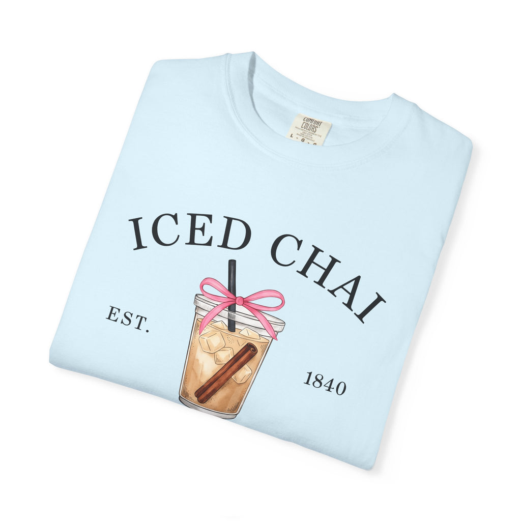 Iced Chai Cup Shirt Coffee Tea Gift Women Hand Drawn Tee Chai Mug T-Shirt Coffee Fan Tea Cup Graphic Illustration Vintage Pink Bow Tshirt