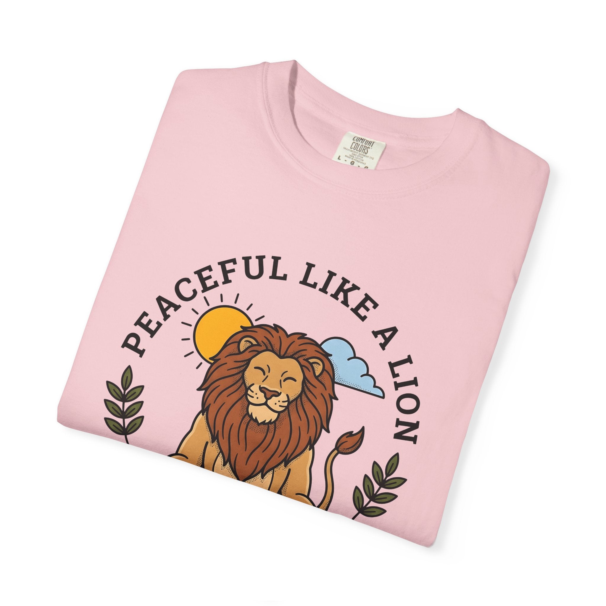 Peaceful Lion Shirt Yoga Wellness Gift Women Animated Tee Lion T-Shirt Yoga Enthusiast Cartoon Tshirt Healthy Graphic Clean Bright Sun