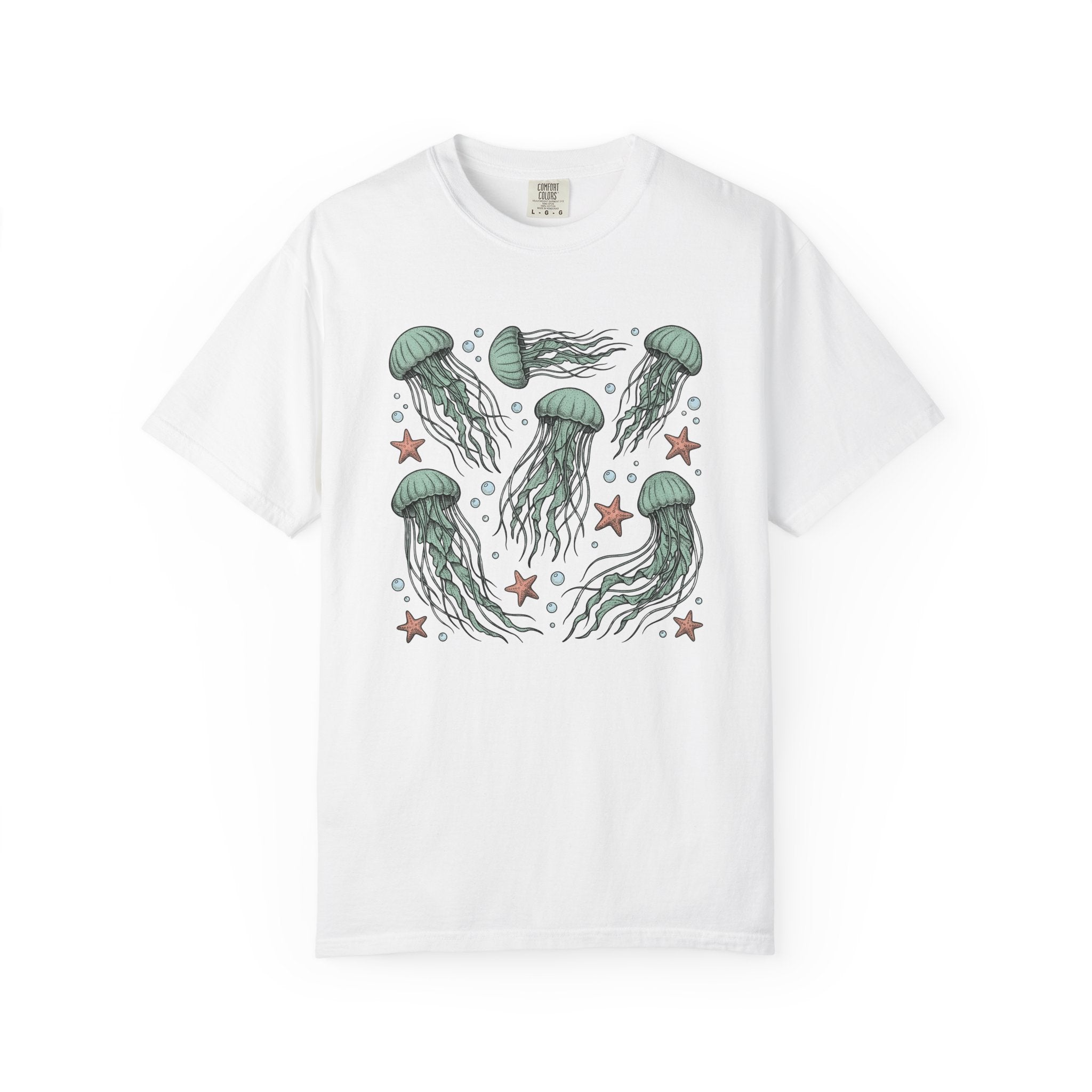 Jellyfish Motif Shirt Ocean Environment Gift Women Cartoon Tee Medusa T-Shirt Marine Fan Jelly Art Tshirt Eco Graphic Sketch Starfishes