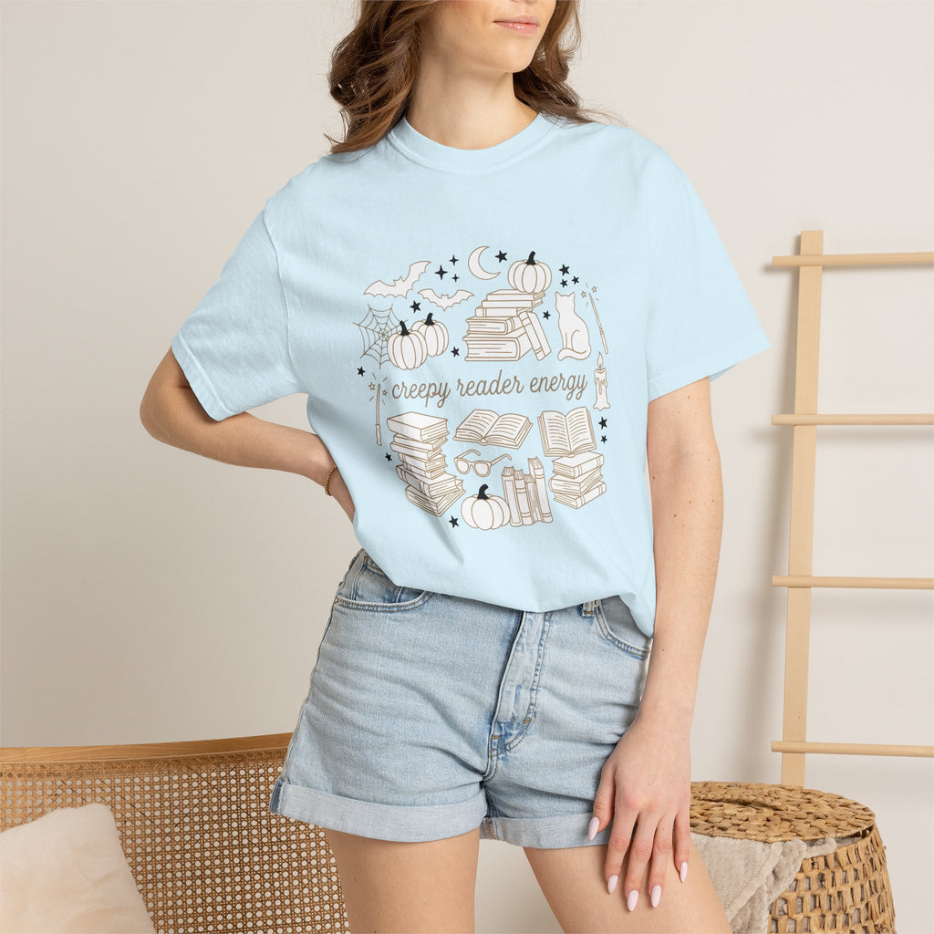 Creepy Book Pile Shirt Halloween Reader Gift Women Sketch Tee Book Stack T-Shirt Horror Fan Drawing Illustration Retro Jack-O-Lantern Tshirt