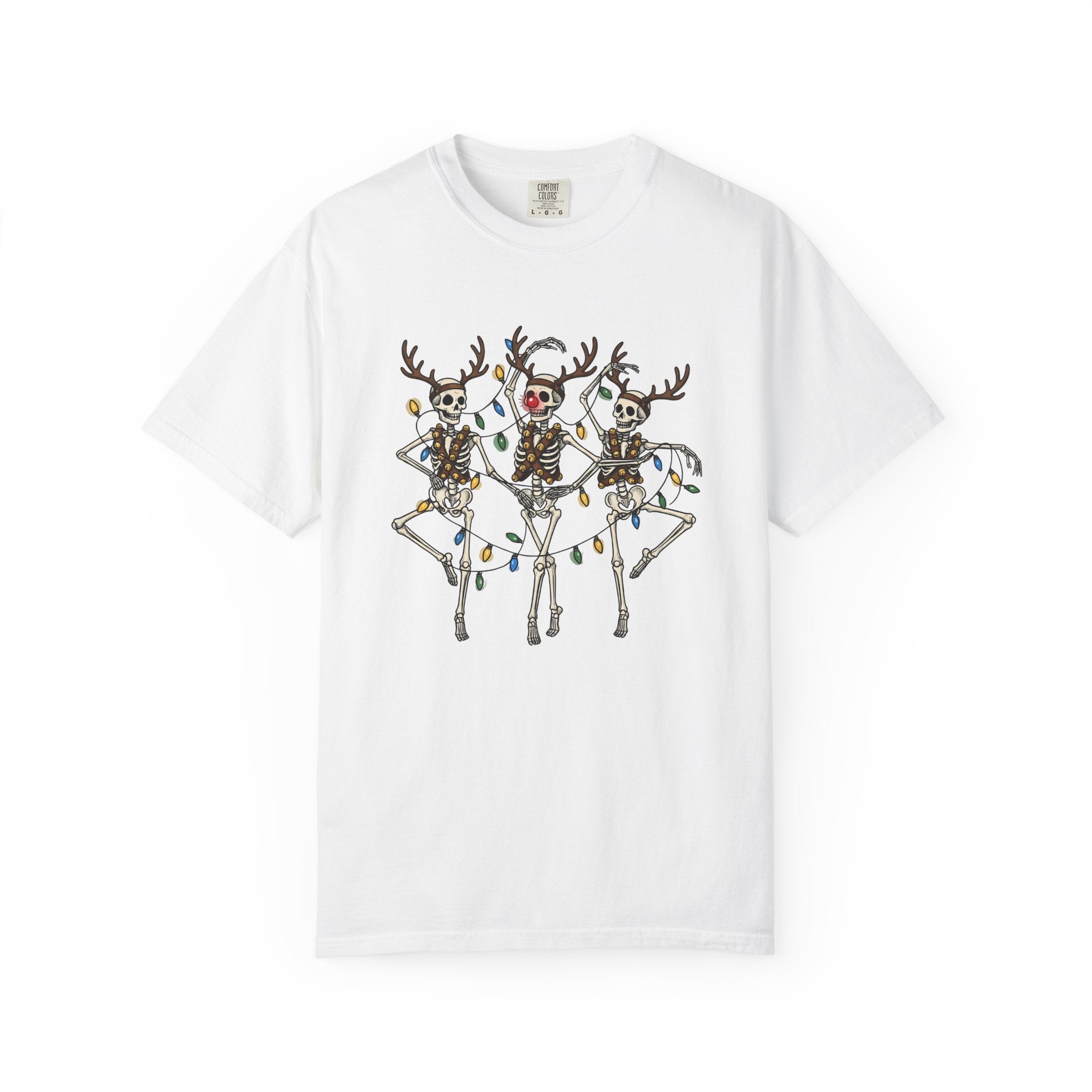 Skull Deer Shirt Christmas Satire Gift Women Animated Tee Antler T-Shirt Xmas Fan Cartoon Tshirt Parody Graphic Sketch Festive Lights Tshirt