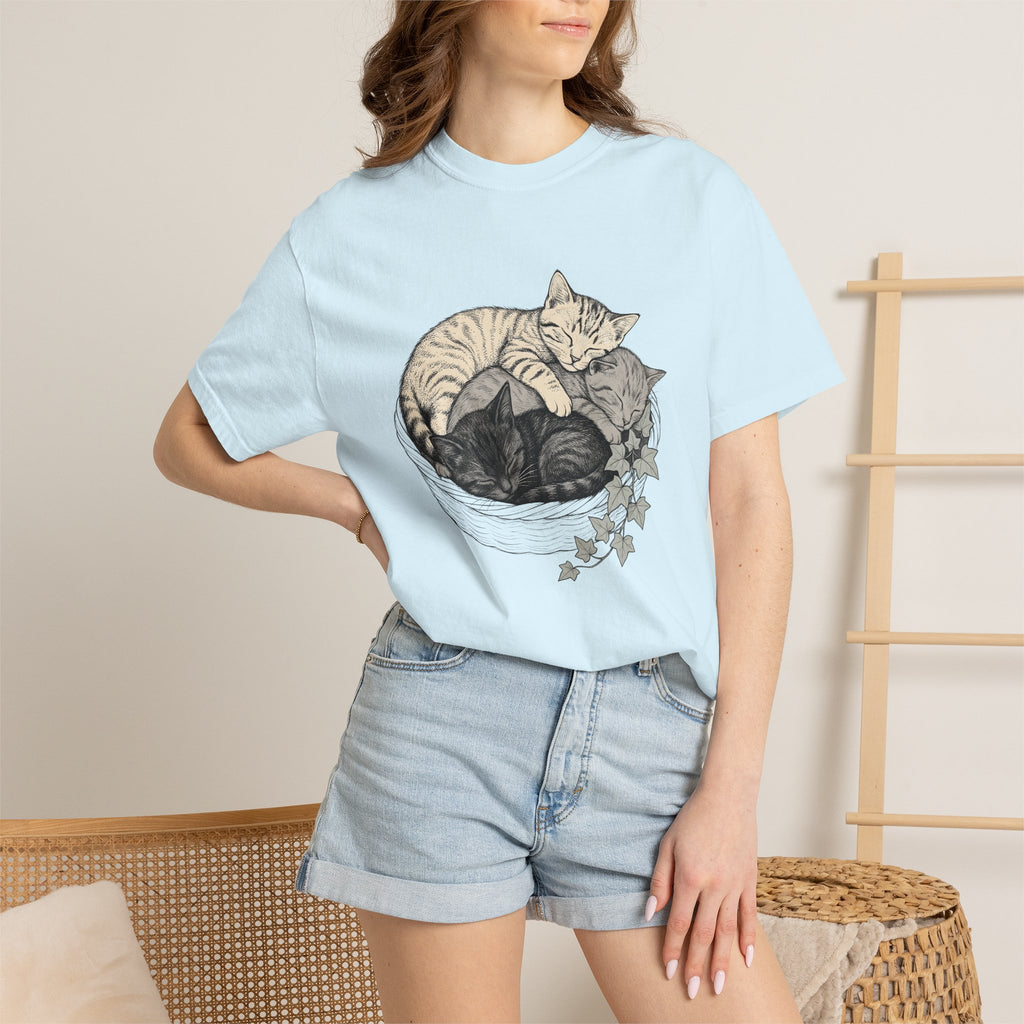 Napping Cats Shirt Cat Wildlife Gift Women Line Art Tee Kittens T-Shirt Cat Fan Feline Tshirt Wildlife Graphic Cartoon Climbing Leaves
