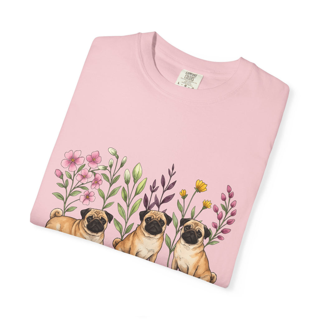 Pug Group Shirt Dog Plants Gift Women Line Art Tee Pug T-Shirt Dog Fan Poodle Illustration Botanical Graphic Gouache Flower Bouquet Tshirt
