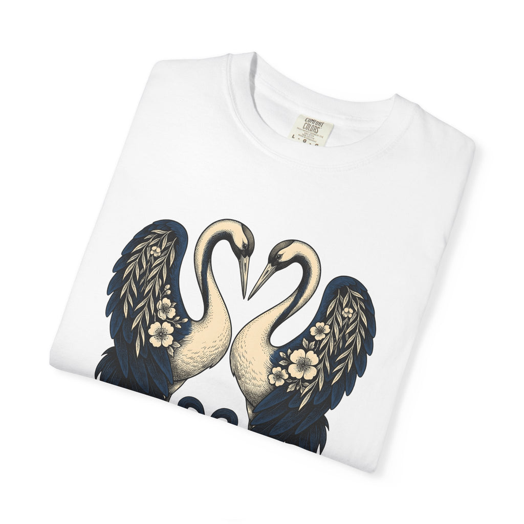 Two Cranes Shirt Animals Floral Arrangement Gift Women Old School Tee Crane T-Shirt Wildlife Fan Vintage Tshirt Bouquet Graphic Outline