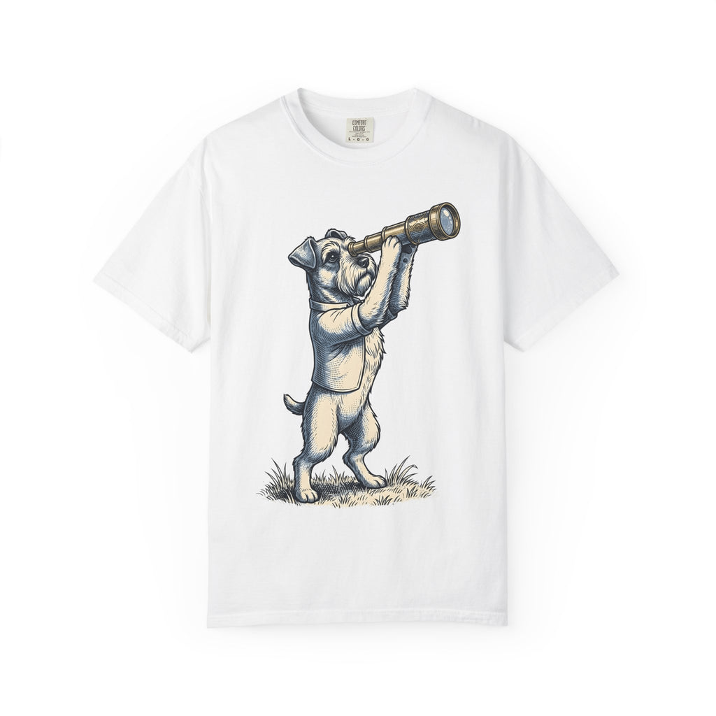 Terrier Puppy Shirt Dog Exploration Gift Women Retro Tee Puppy T-Shirt Dog Fan Vintage Tshirt Adventure Graphic Sketch Spyglass Tshirt