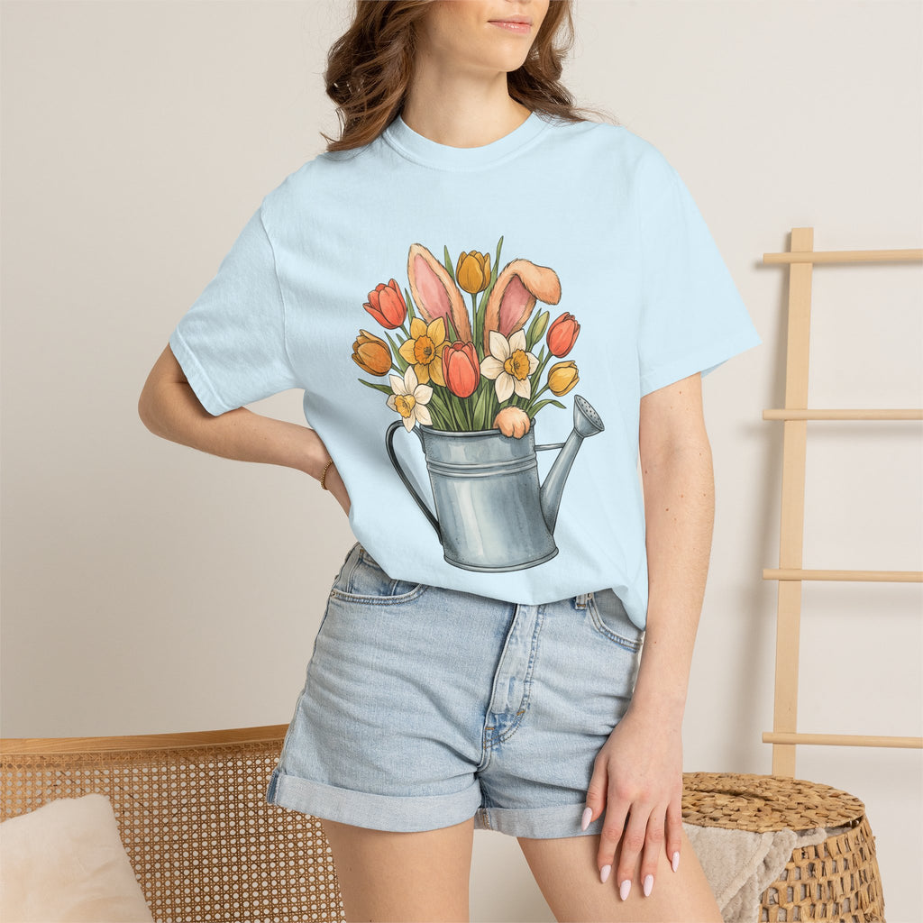 Hare Ears Flowers Shirt Easter Garden Gift Women Brushwork Tee Rabbit Ears T-Shirt Easter Fan Painted Tshirt Gardening Graphic Outline