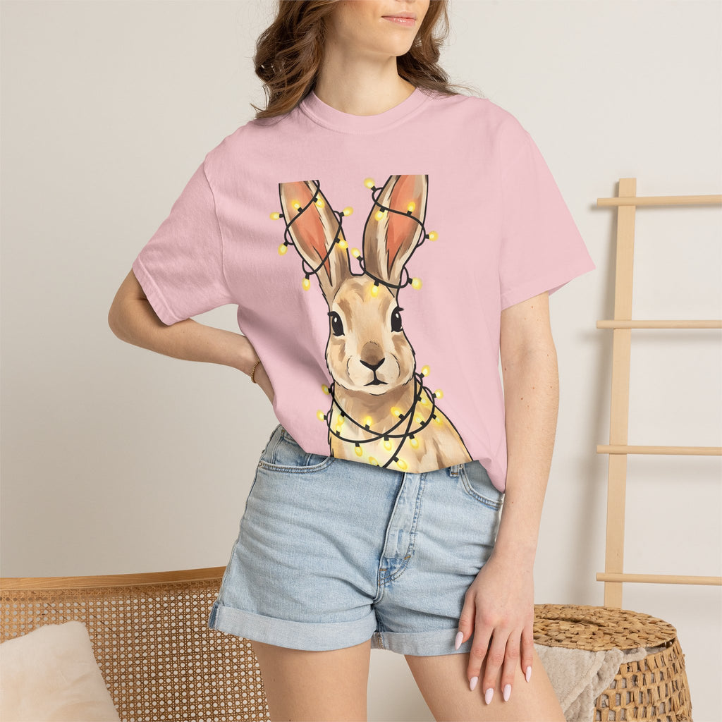 Rabbit Shirt Animals Christmas Gift Women Adorable Tee Bunny T-Shirt Pet Fan Cute Tshirt Winter Graphic Sketch Fairy Lights Tshirt