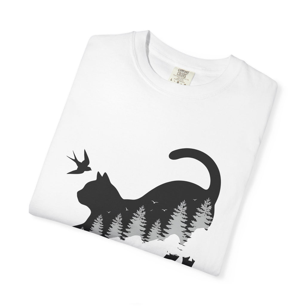 Feline Shape Shirt Cat Pets Gift Women Modern Tee Cat T-Shirt Cat Fan Contemporary Tshirt Animal Graphic Landscape Evergreen Trees Tshirt