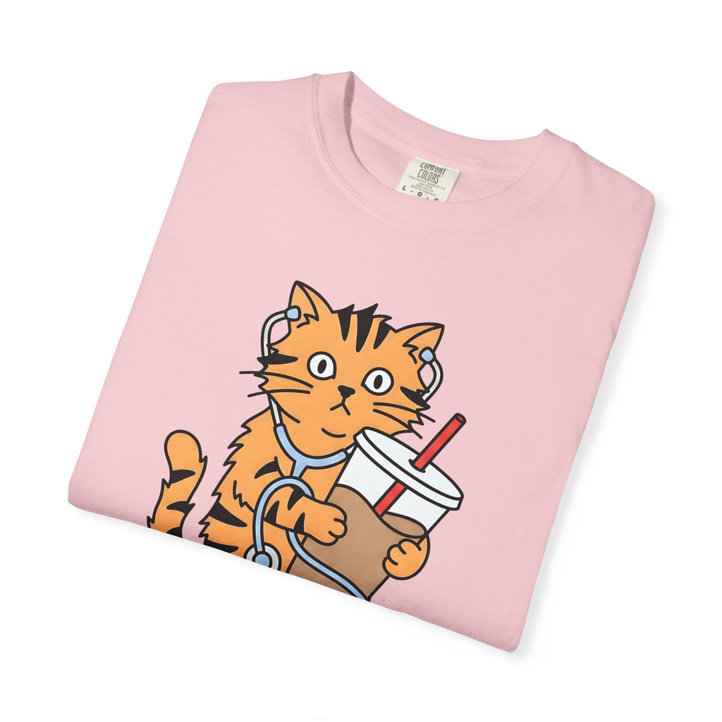 Cat Coffee Shirt Nurse Animal Gift Women Cartoon Tee Feline T-Shirt Healthcare Enthusiast Comic Tshirt Pet Graphic Minimalist Stethoscope