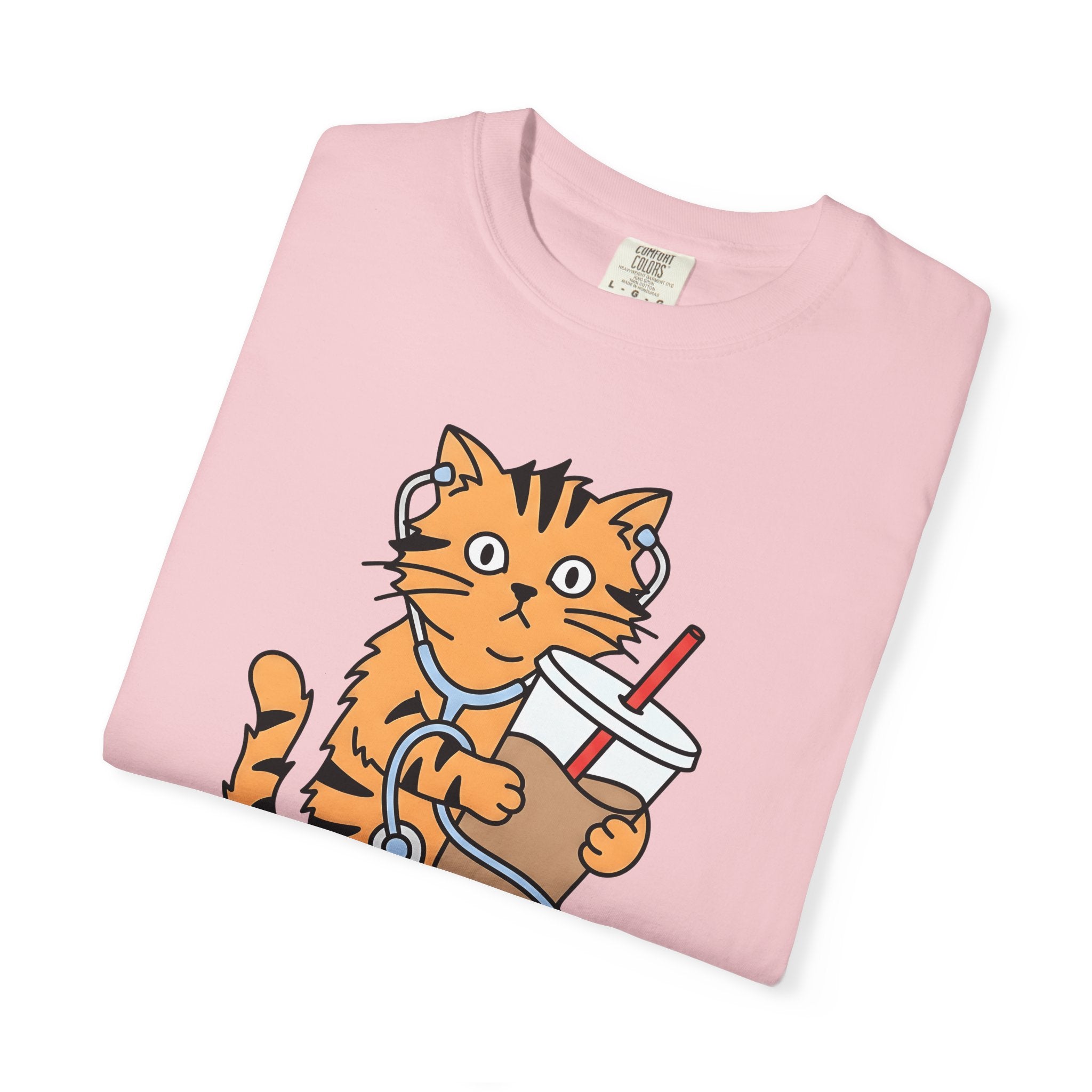 Cat Coffee Shirt Nurse Animal Gift Women Cartoon Tee Feline T-Shirt Healthcare Enthusiast Comic Tshirt Pet Graphic Minimalist Stethoscope