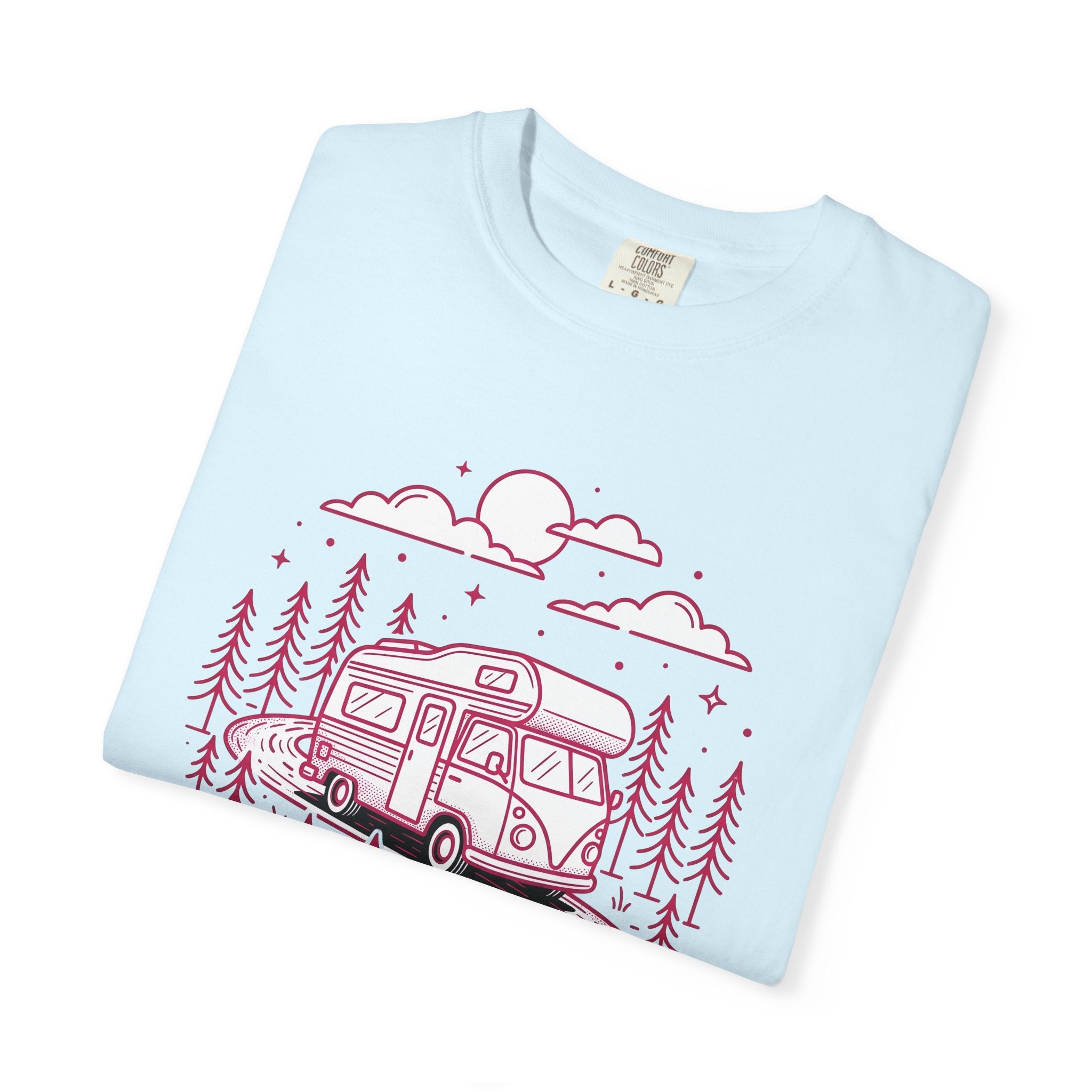 Camper Van Shirt Camping Adventure Gift Women Line Art Tee Motorhome T-Shirt Camper Fan Minimalist Tshirt Explorer Graphic Retro Pine Trees