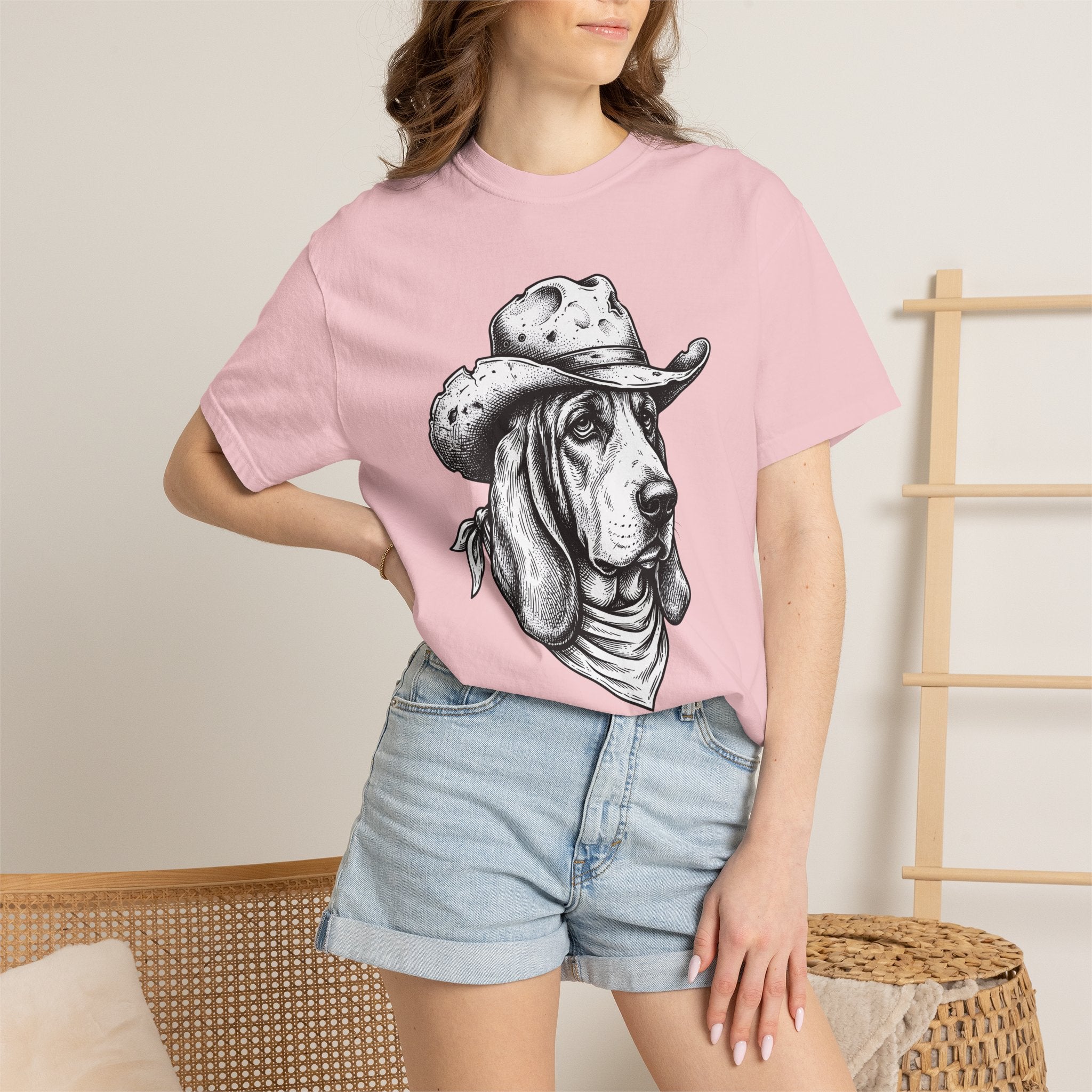 Basset Hound Western Shirt Dog Cowboys Gift Women Sketch Tee Hound T-Shirt Dog Fan Drawing Graphic Tshirt Retro Neckerchief Tshirt