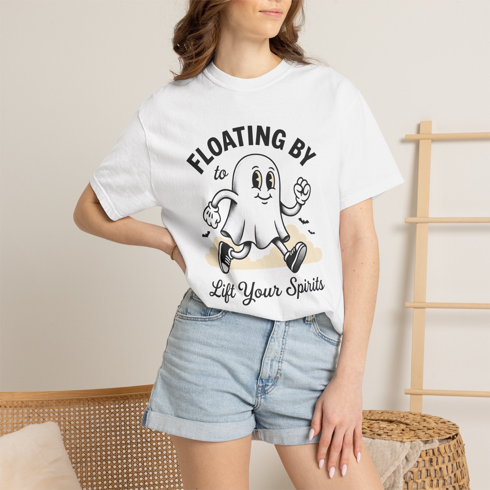 Joyful Ghost Shirt Halloween Eerie Gift Women Illustration Tee Specter T-Shirt Horror Fan Spooky Tshirt Creepy Graphic Old School Night Bats