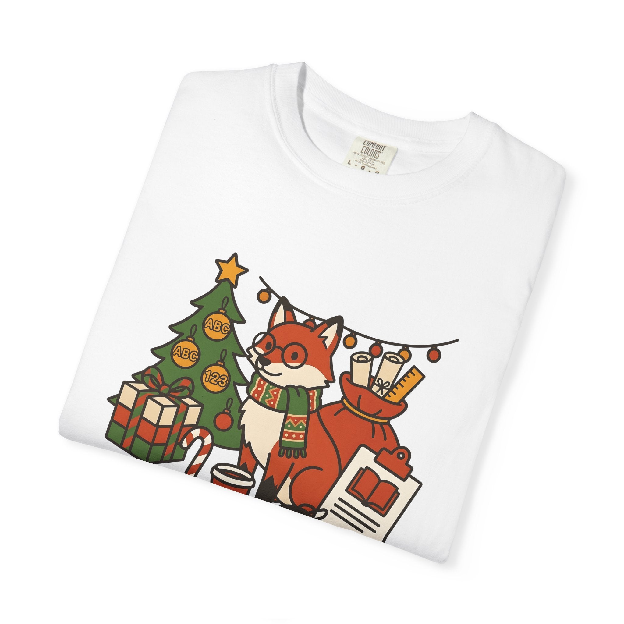 Holiday Fox Shirt Teachers Christmas Gift Women Line Art Tee Fox T-Shirt Educator Enthusiast Illustration Graphic Xmas Design Retro Study