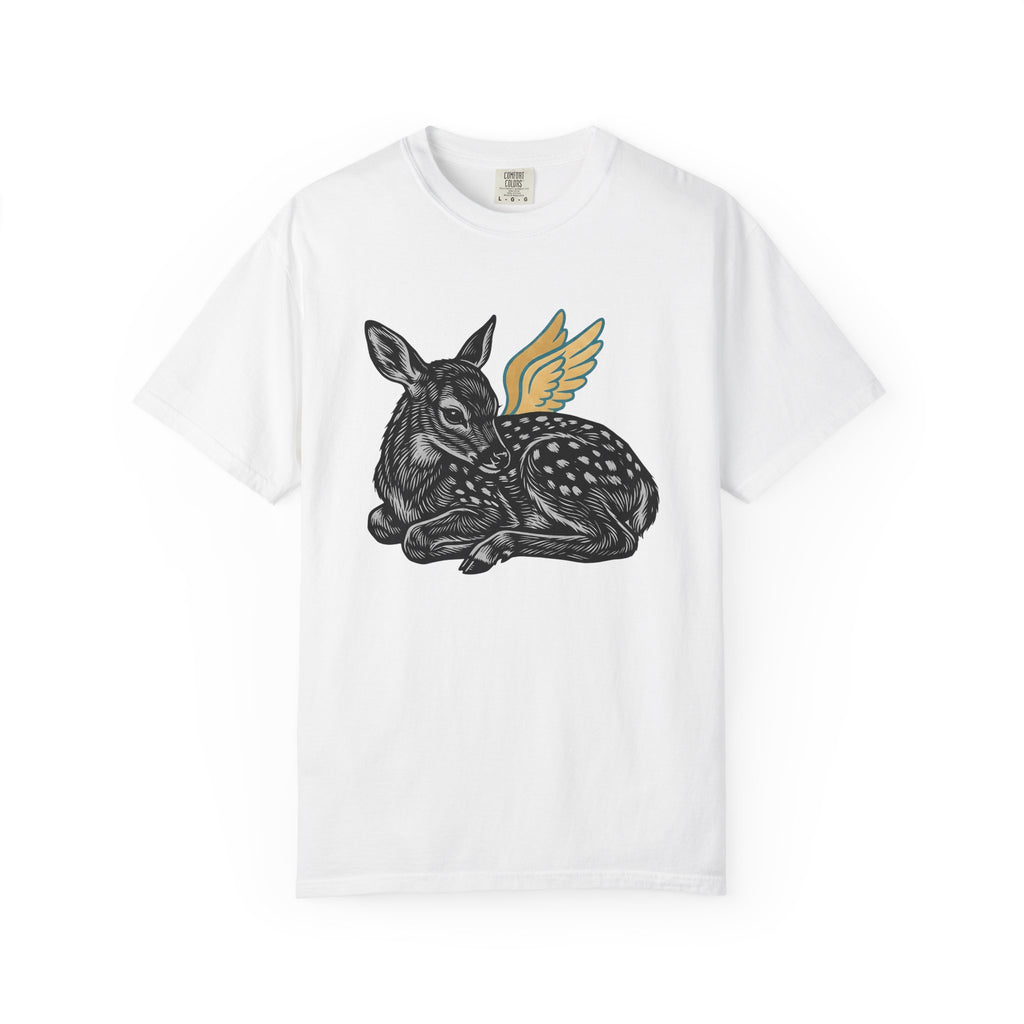 Fawn Shirt Animal Mythical Gift Women Linocut Tee Deer T-Shirt Wildlife Fan Print Illustration Retro Feathers Tshirt