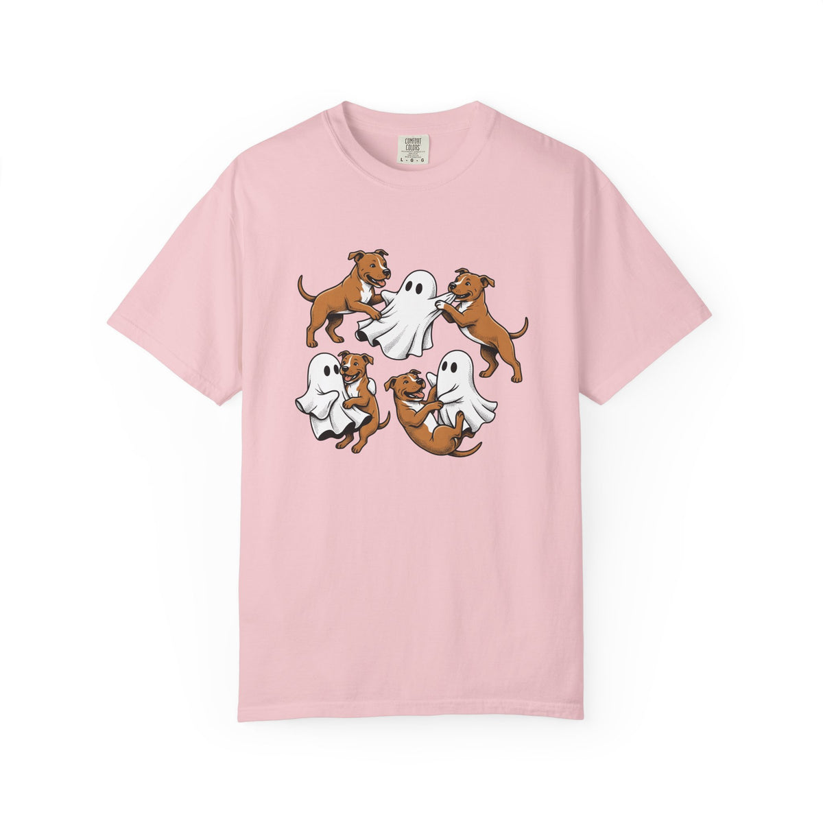 Ghost Pitbull Puppy Shirt Dog Funny Gift Women Comic Tee Pitbull Pup T-Shirt Dog Fan Cartoon Tshirt Humor Graphic Hand Drawn Halloween