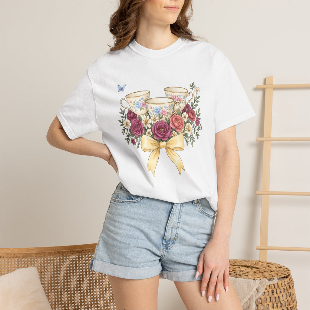 Flower Tea Cups Shirt Easter Blossoms Gift Women Paint Tee Teacup T-Shirt Spring Fan Artistic Tshirt Floral Graphic Retro Ribbon Tshirt