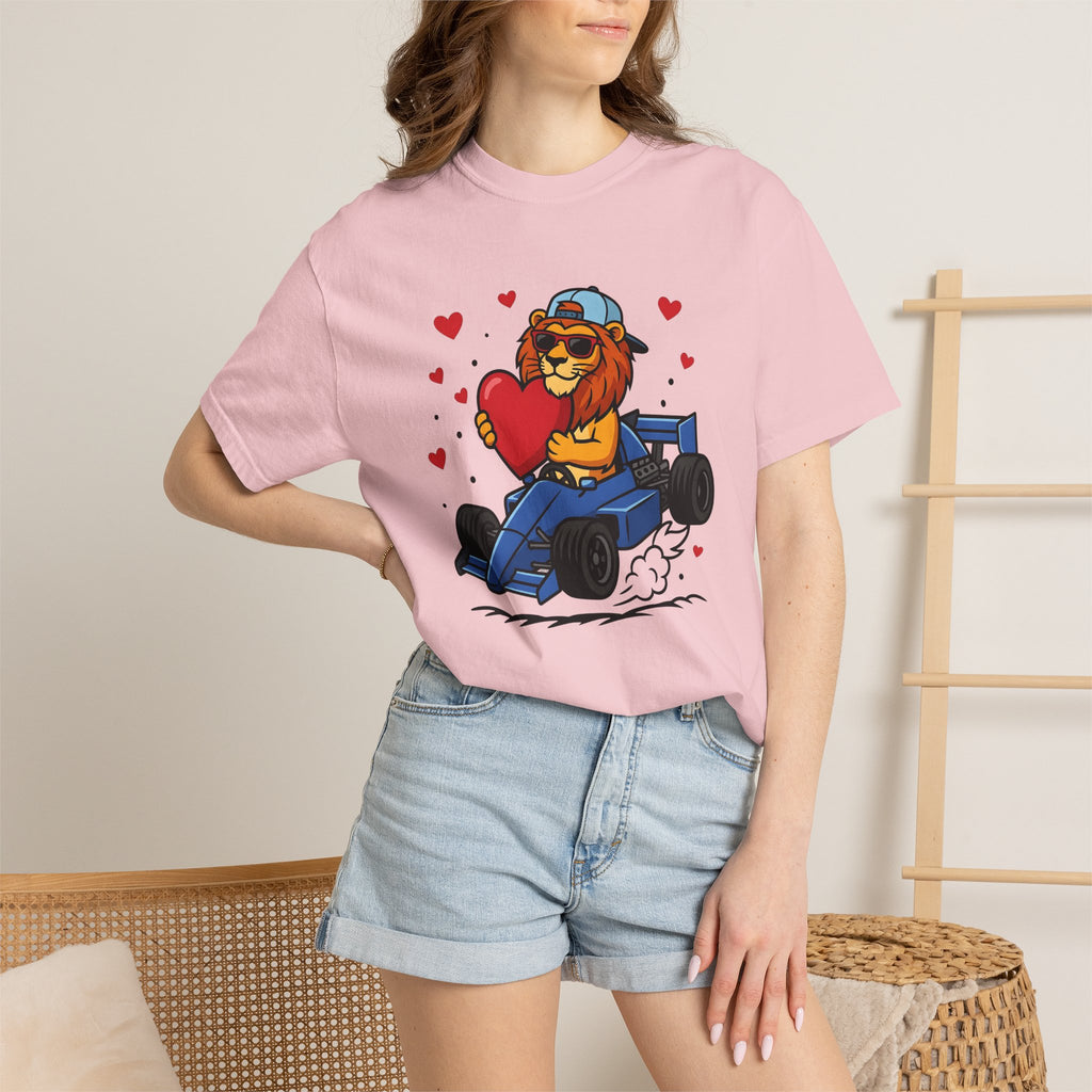 Lion Race Car Shirt St. Valentine's Day Animal Gift Women Cartoon Tee Lion T-Shirt Valentine Fan Funny Tshirt Creature Graphic Bold Heart