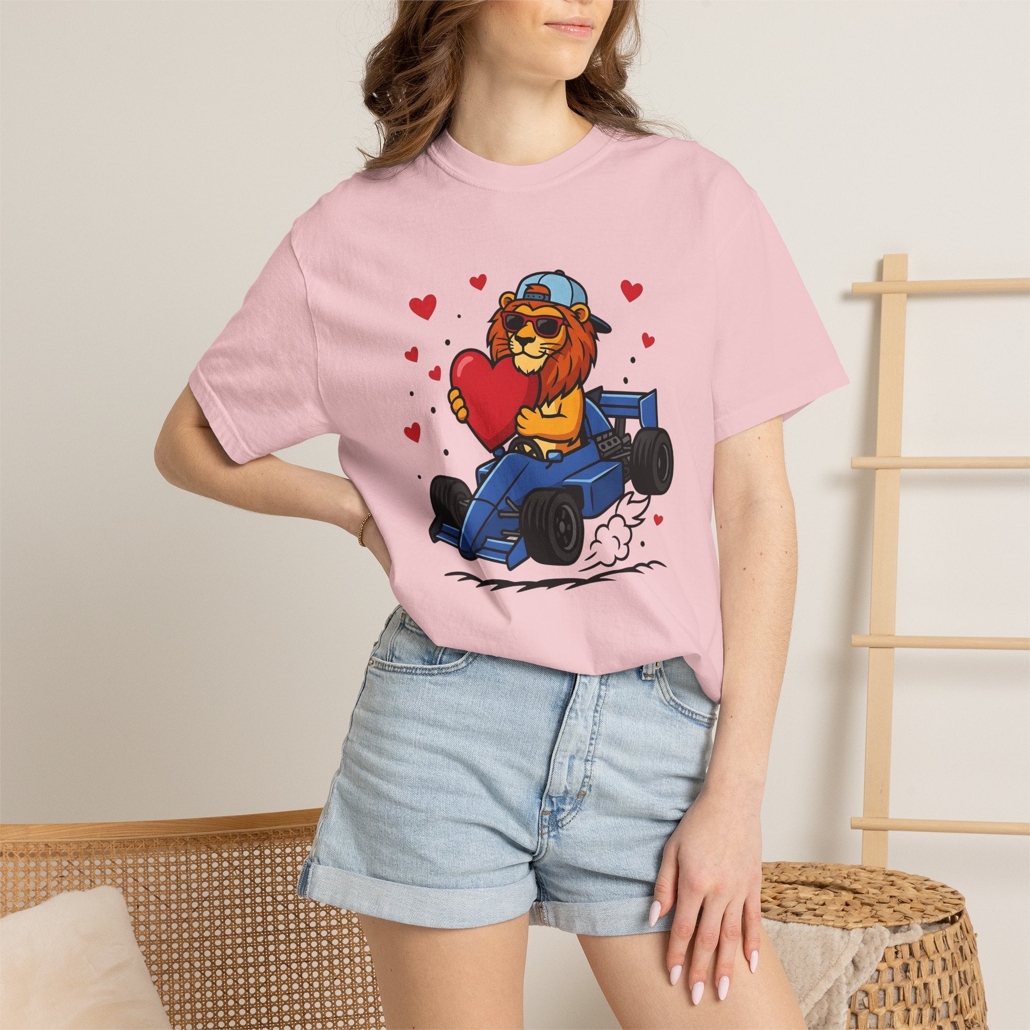 Lion Race Car Shirt St. Valentine's Day Animal Gift Women Cartoon Tee Lion T-Shirt Valentine Fan Funny Tshirt Creature Graphic Bold Heart