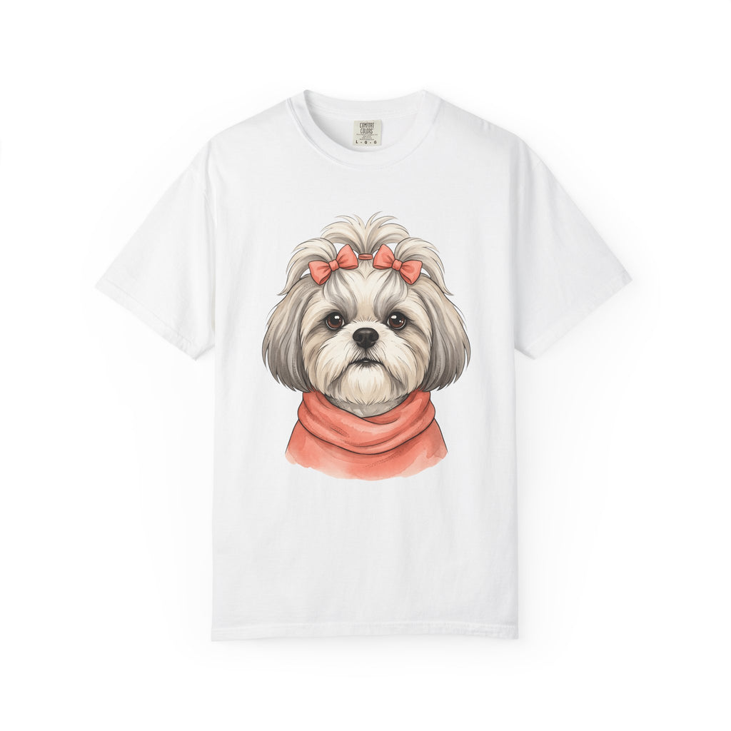 Shih Tzu Dog Shirt Dog Pet Gift Women Cute Tee Dog T-Shirt Dog Fan Puppy Tshirt Pet Graphic Hand Drawn Bow Tshirt