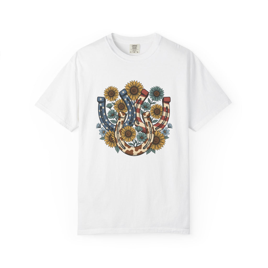 Horseshoe Sunflower Shirt America Frontier Gift Women Folk Tee Sunflower T-Shirt American Fan Folk Art Tshirt Pioneering Graphic Classic