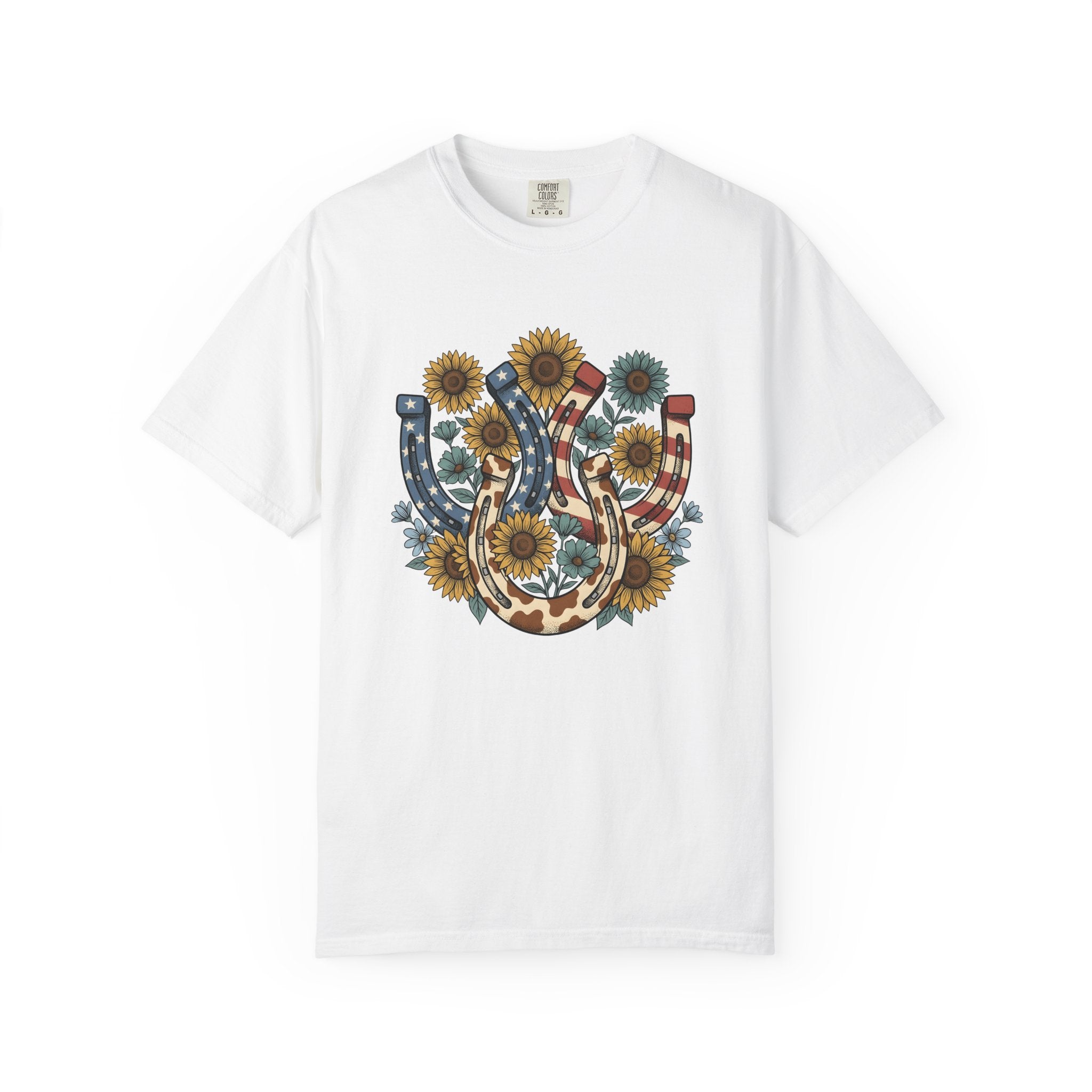 Horseshoe Sunflower Shirt America Frontier Gift Women Folk Tee Sunflower T-Shirt American Fan Folk Art Tshirt Pioneering Graphic Classic